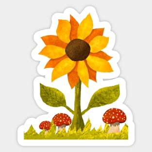 Sunflower in the grass along with some amanita mushrooms. Textured Illustration. Sticker